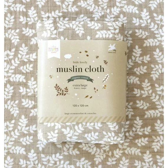 A Little Lovely Company Muslin Cloth XL: Leaves - Taupe