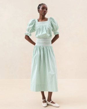 Anais Green/Cream Smocked Dress