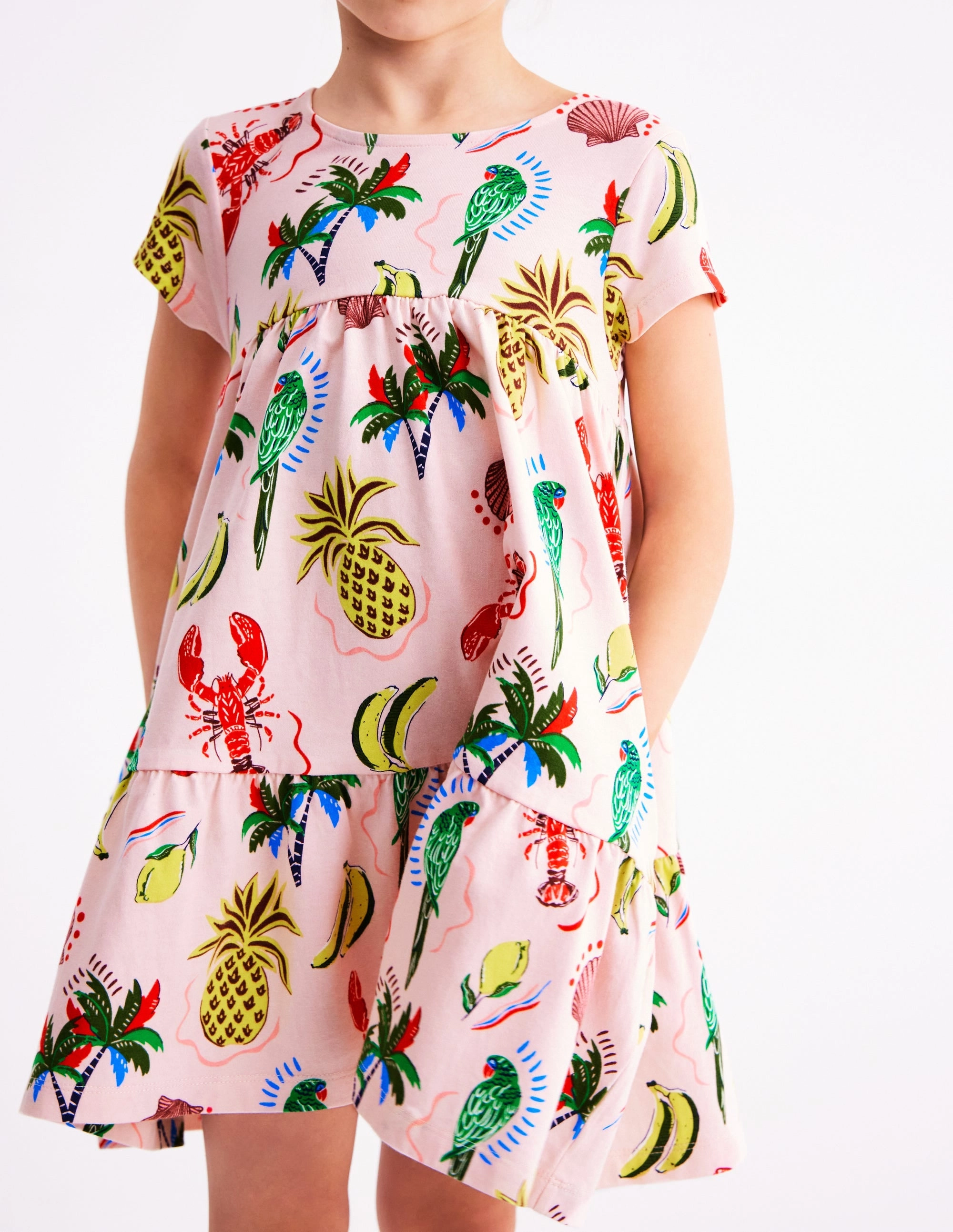Ariel Twirly Jersey Dress-Chalk Pink Tropical Print
