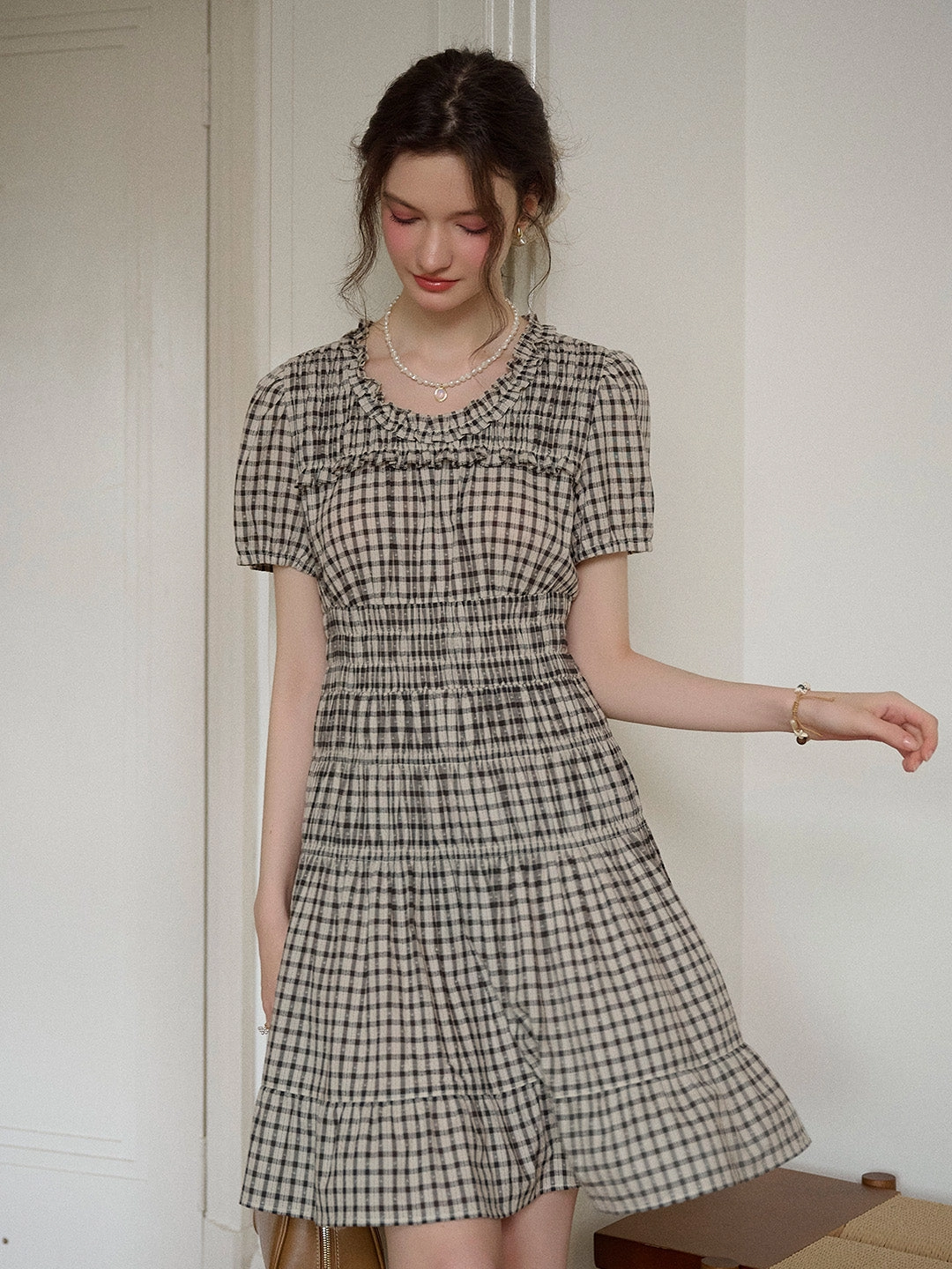 Avery Ruffle Round Neck Plaid Cotton Dress