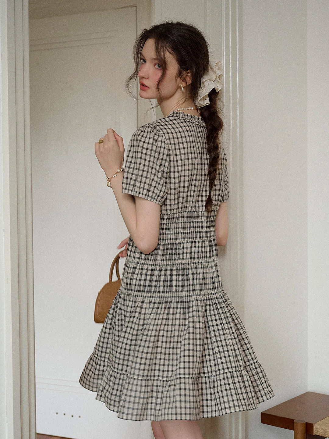 Avery Ruffle Round Neck Plaid Cotton Dress