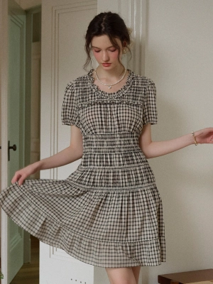 Avery Ruffle Round Neck Plaid Cotton Dress