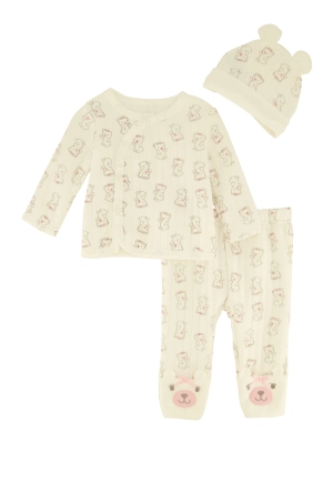 Baby Girls 0-9M Ribbed Bear Print Snap Button Top and Pants with Hat