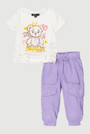 Baby Girls 12-24M Unique Bear Ruched Tee and Cargo Joggers