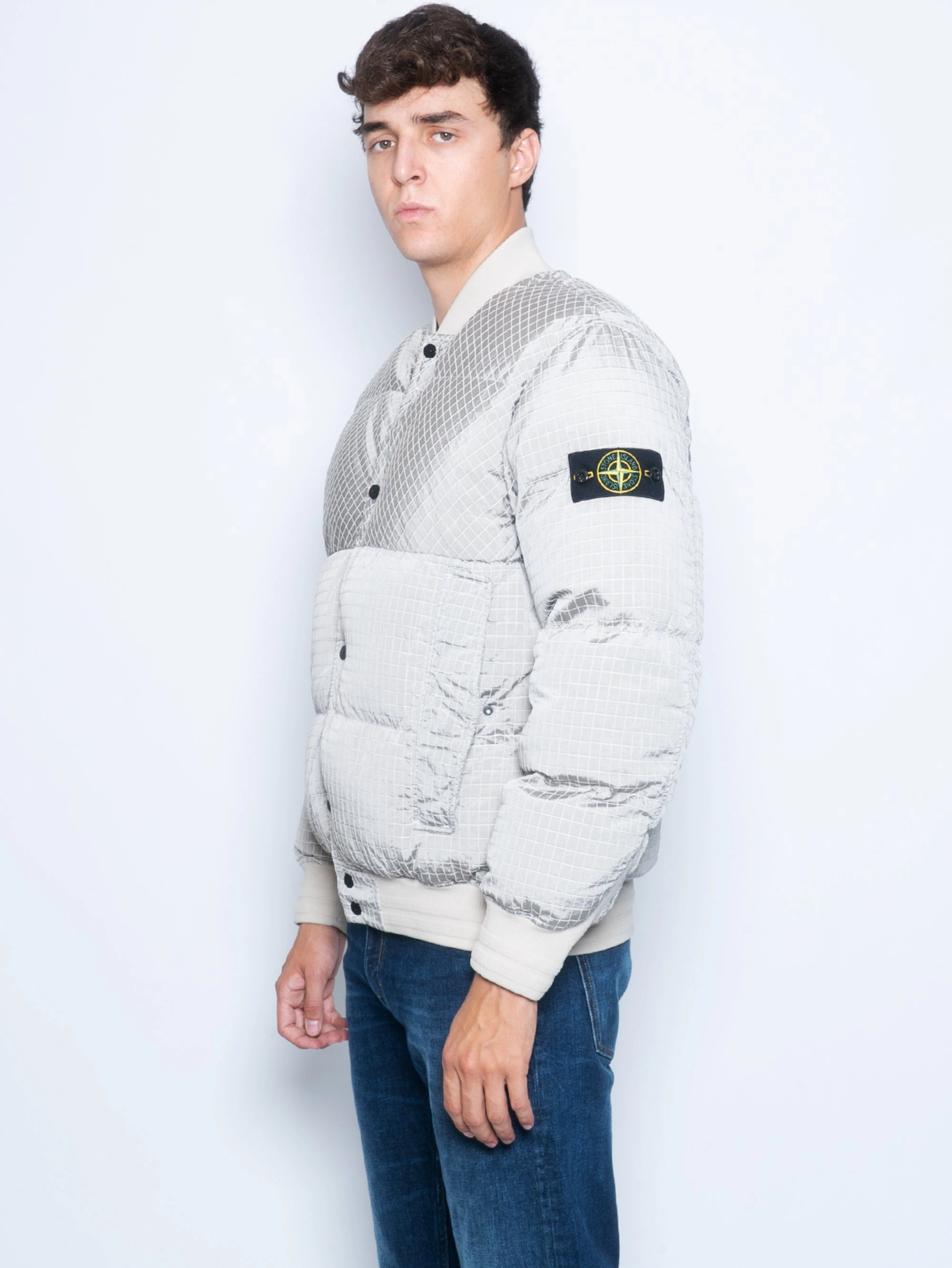 Bomber jacket with parallel striped pattern in Beige Metal Nylon