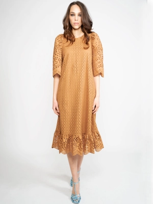 Camel Sangallo Lace Midi Dress