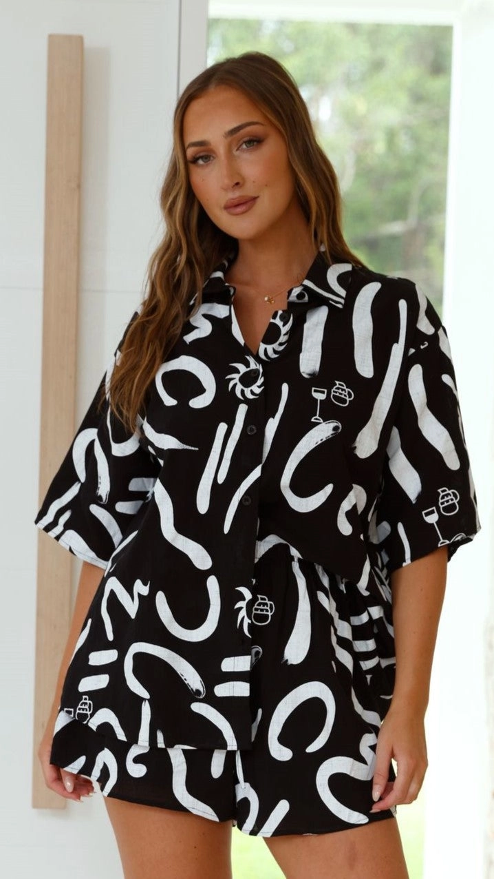 Charli Button Up Shirt and Shorts Set - Black/White
