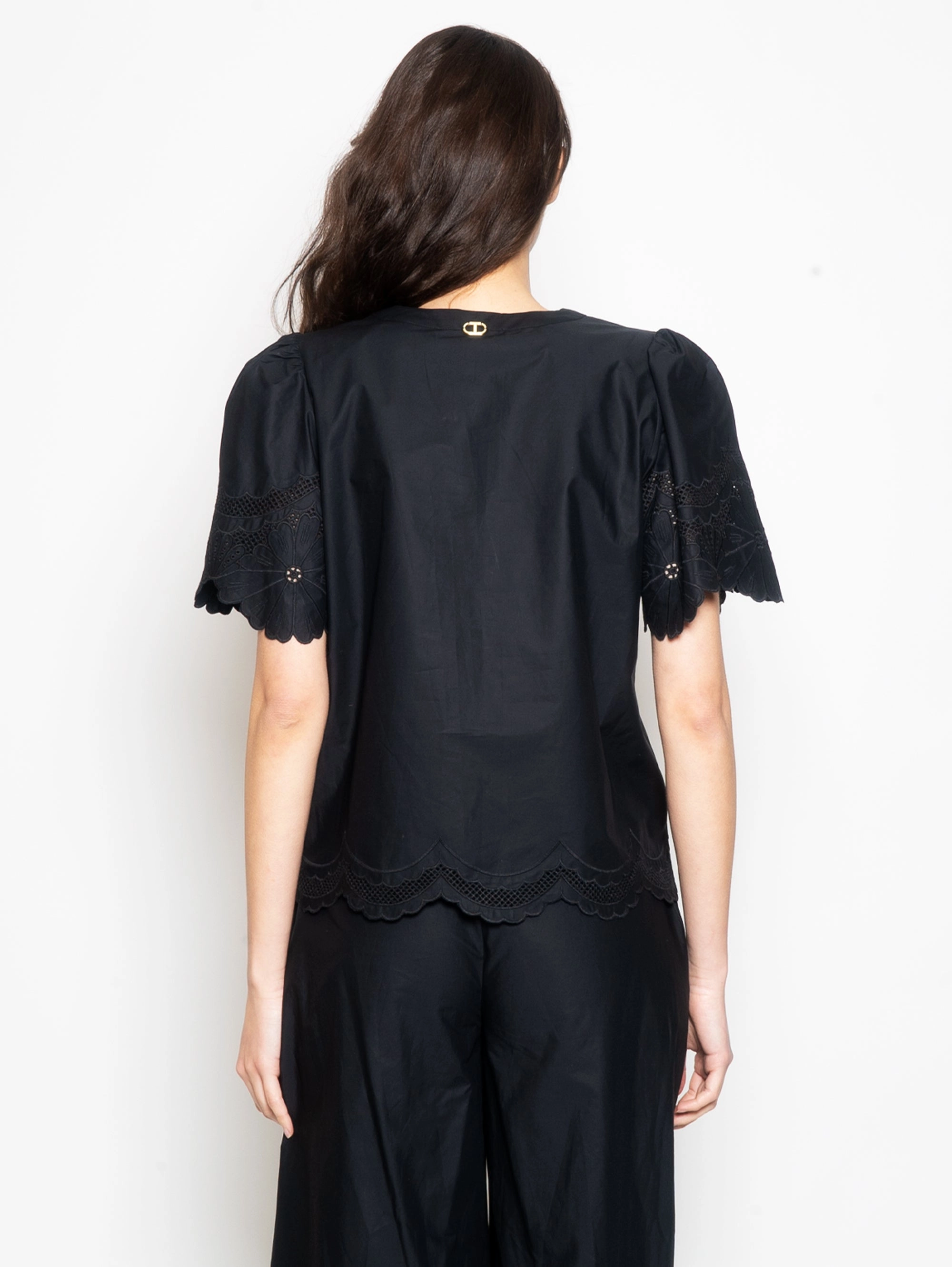 Cotton Blouse with Black Sangallo Profiles