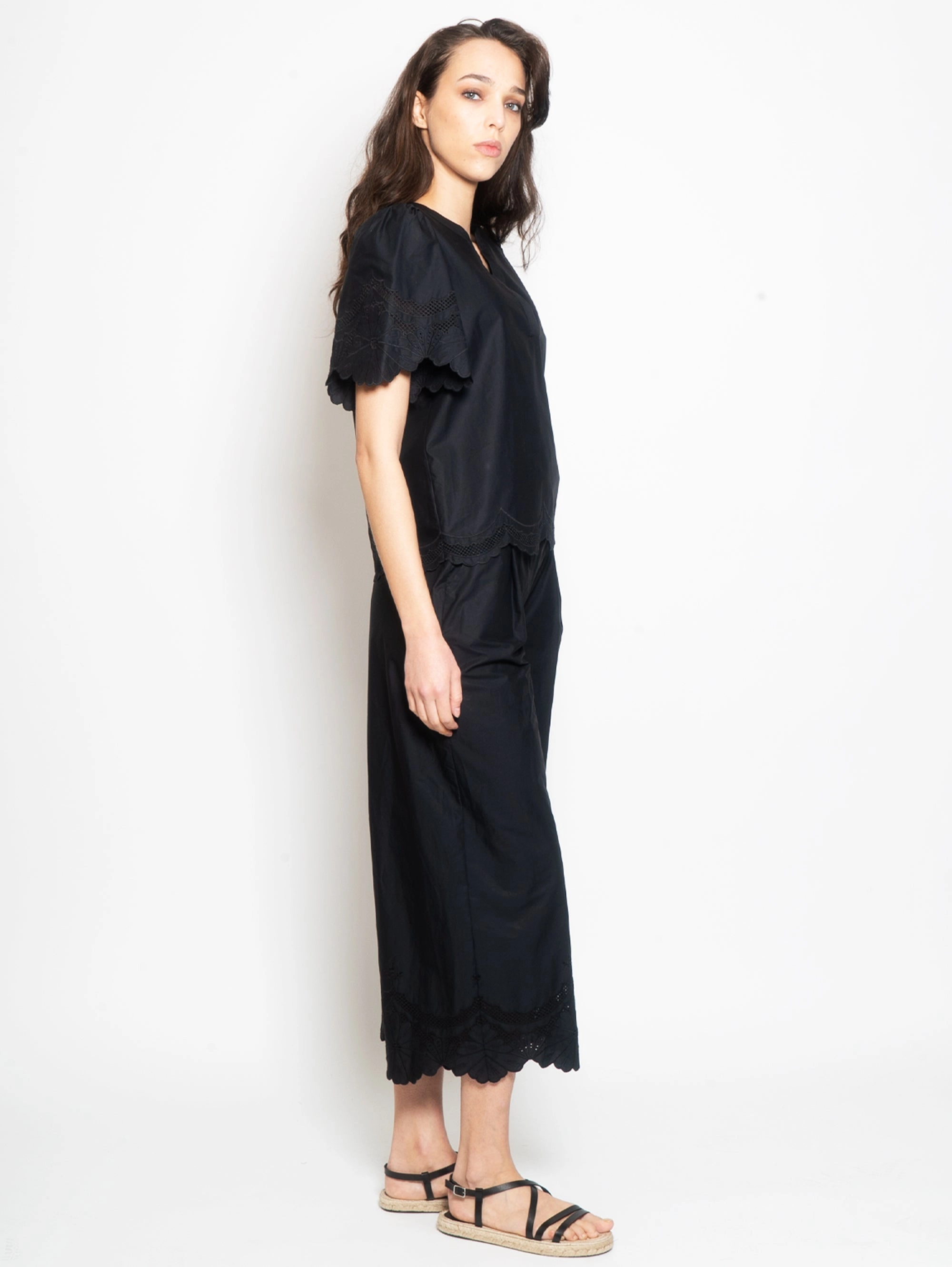 Cotton Blouse with Black Sangallo Profiles