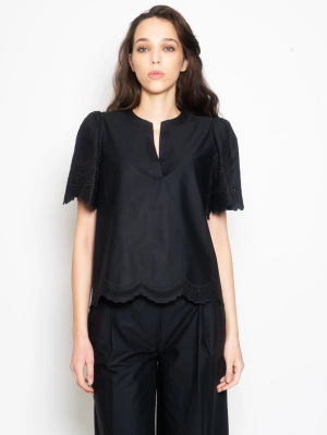 Cotton Blouse with Black Sangallo Profiles