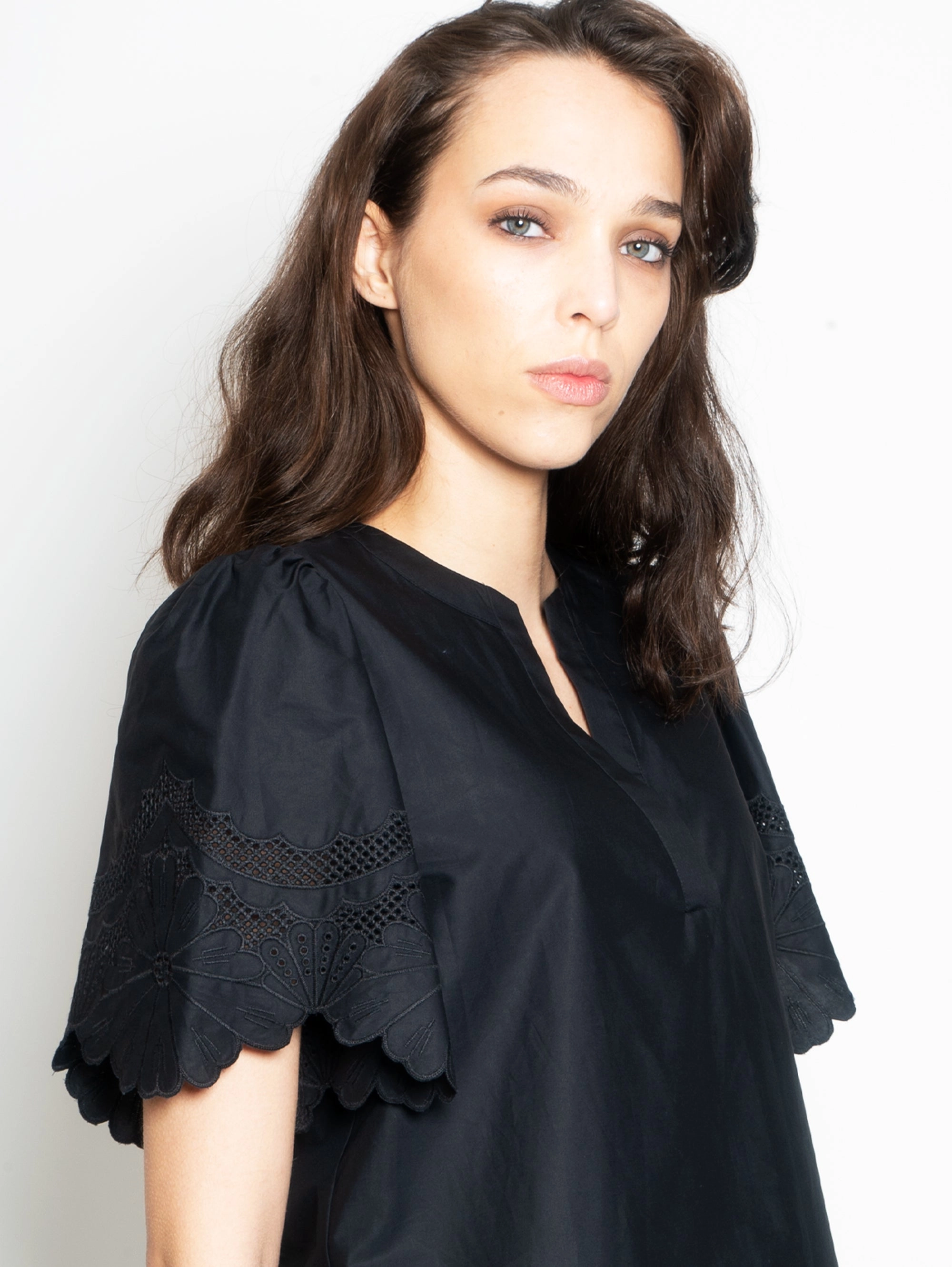 Cotton Blouse with Black Sangallo Profiles