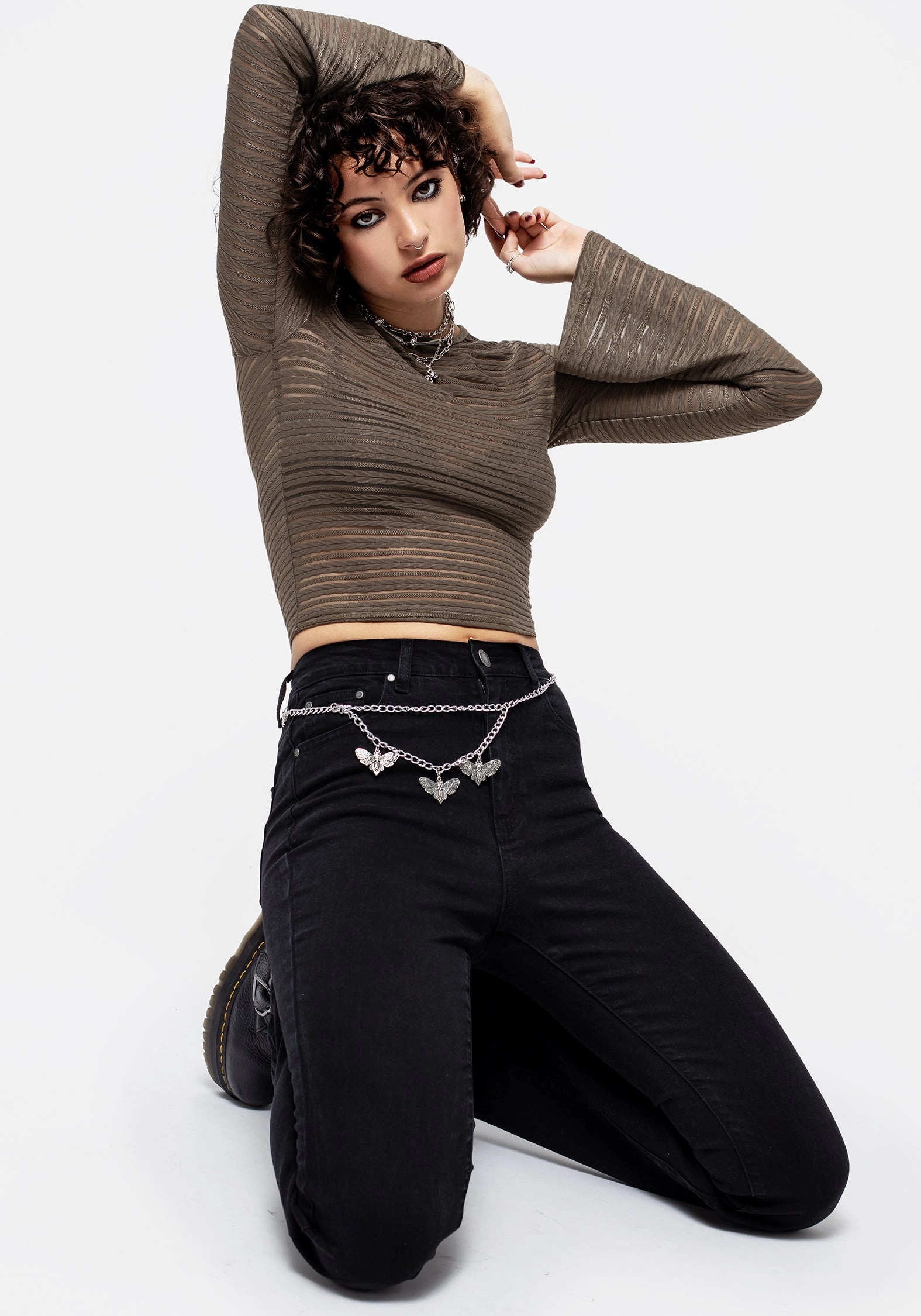 Habundia Flared Sleeve Crop Top - Moss Stone