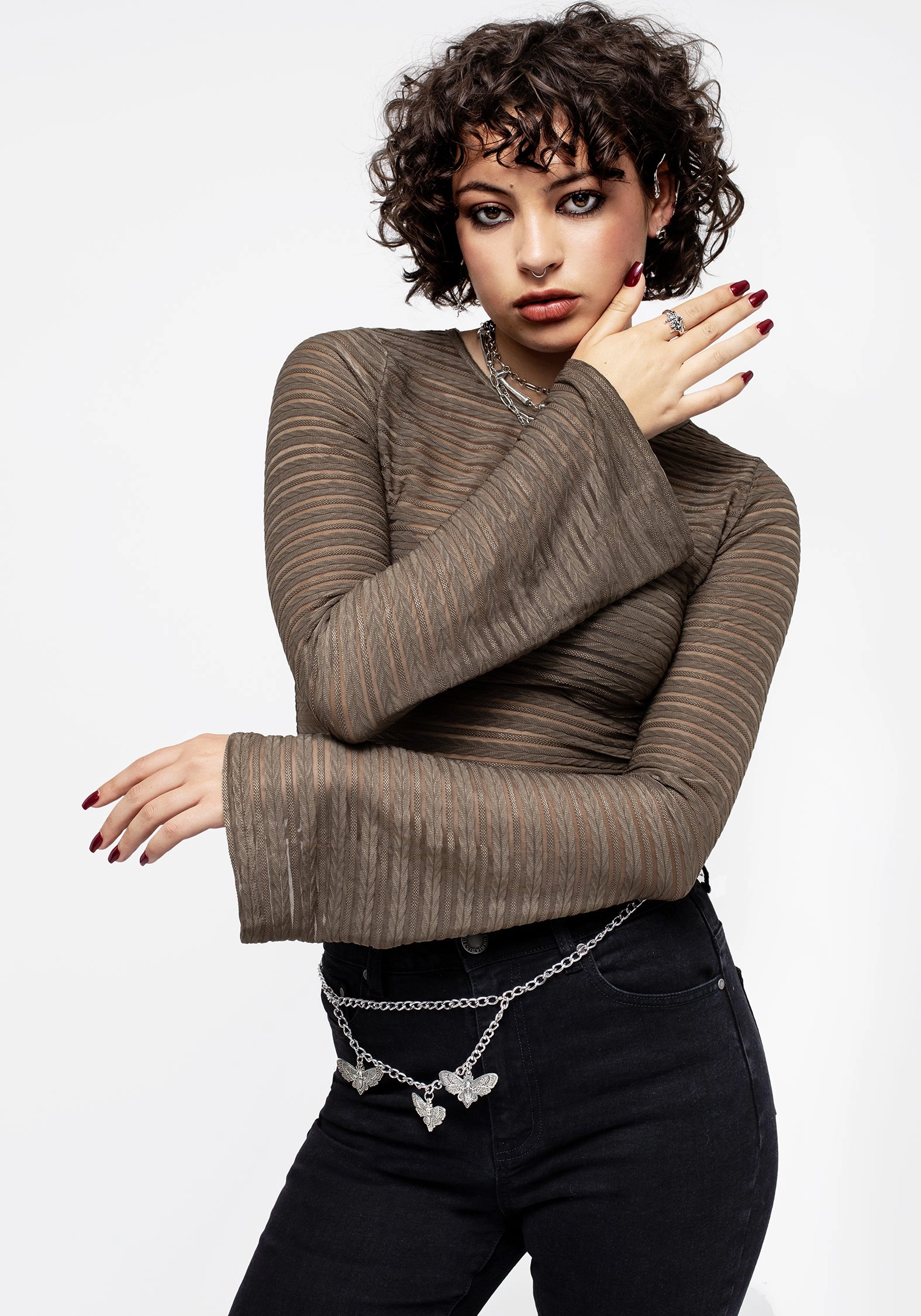 Habundia Flared Sleeve Crop Top - Moss Stone