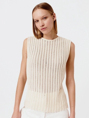 Knitted Organic Cotton Ribbed Lace Top | Cream