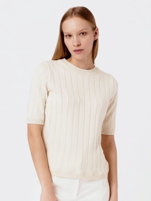 Knitted Organic Cotton Ribbed Short Sleeved Top | Cream