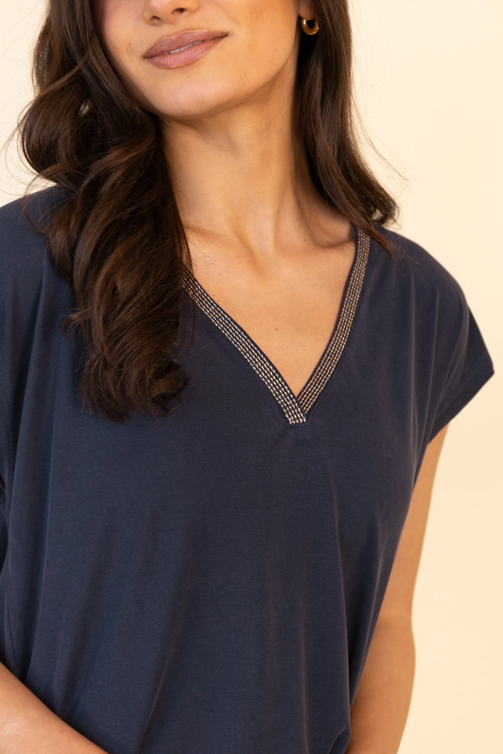 Modala Glitter V-Neck Navy T-Shirt