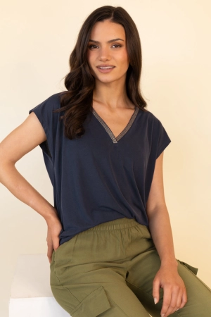 Modala Glitter V-Neck Navy T-Shirt