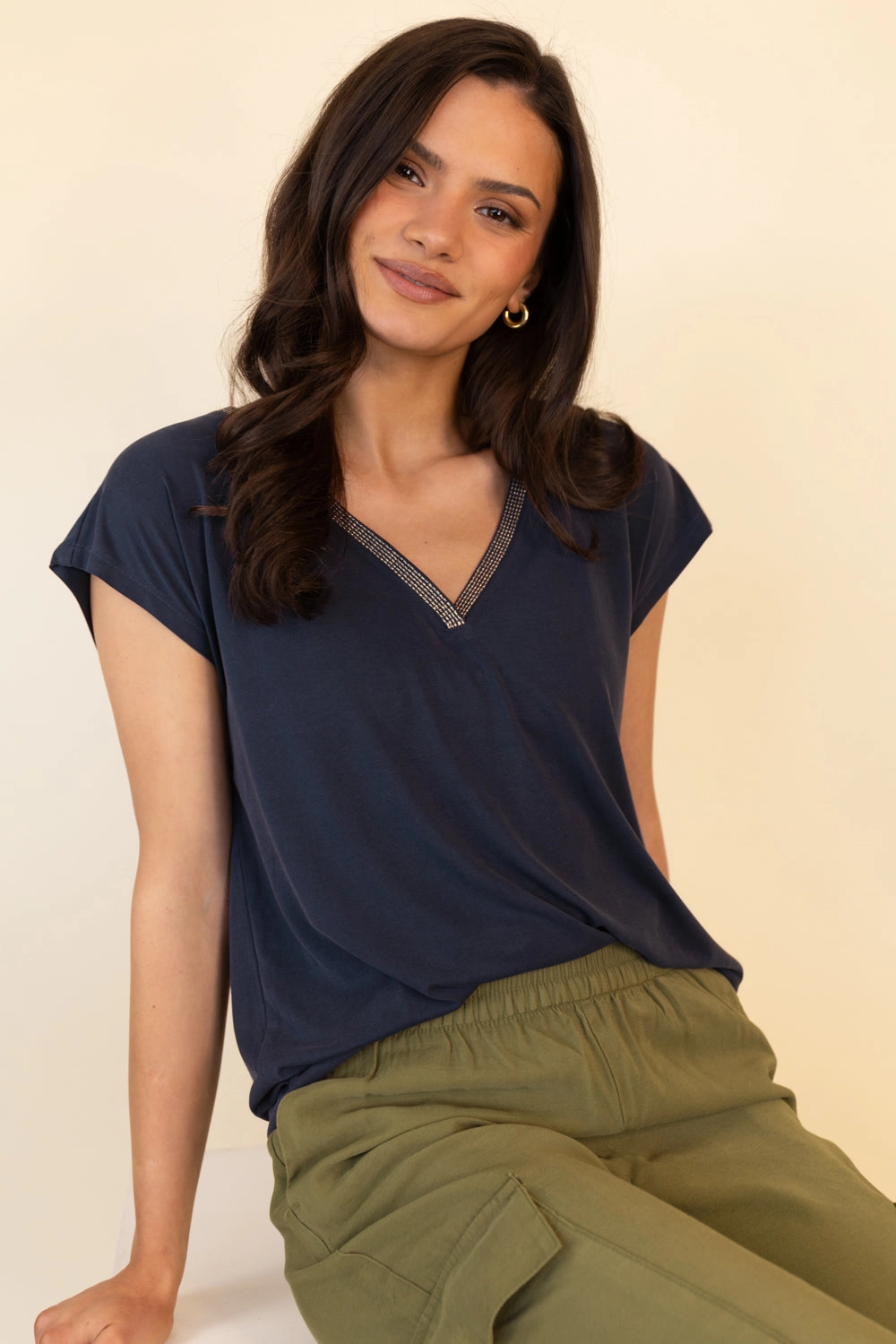 Modala Glitter V-Neck Navy T-Shirt