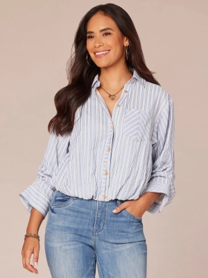 Three Quarter Tucked Sleeve Button Down Spliced Stripe Woven Shirt