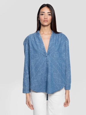 V-Neck Blouse with Blue Print