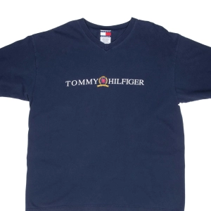 VINTAGE TOMMY HILFIGER BLUE V NECK TEE SHIRT 1990S LARGE